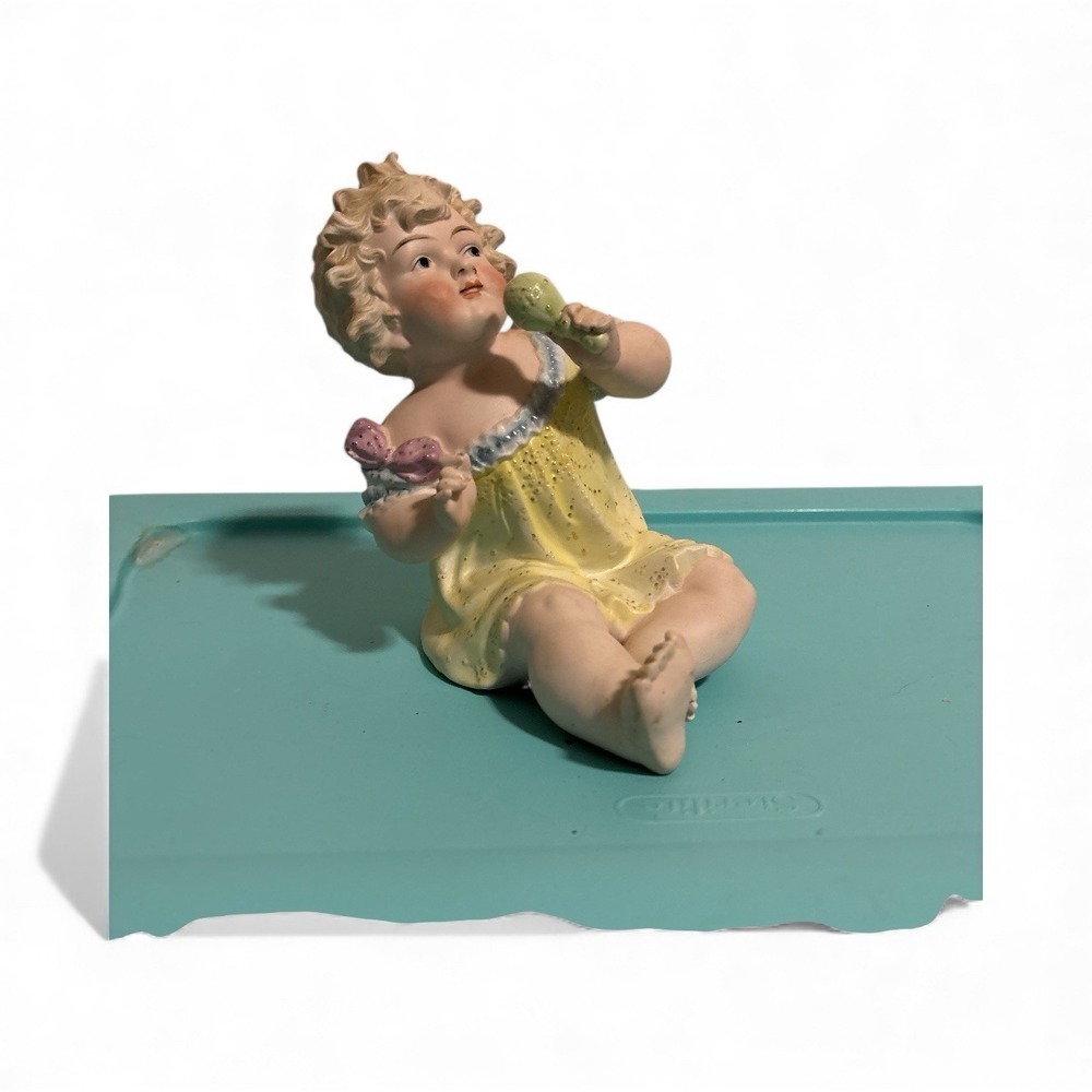 Antique Bisque Porcelain Child Figurine Yellow Dress German Heubach Style Vintag